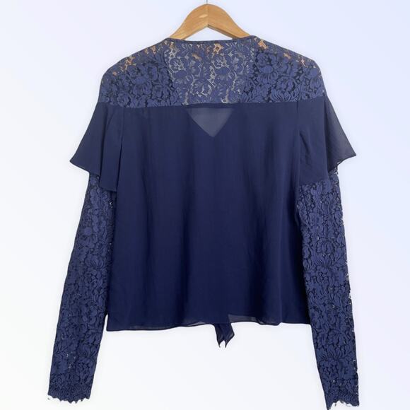 Nicole Miller Artelier Navy Blue Silk Ruffle Lace Blouse US Petite - Picture 3 of 5